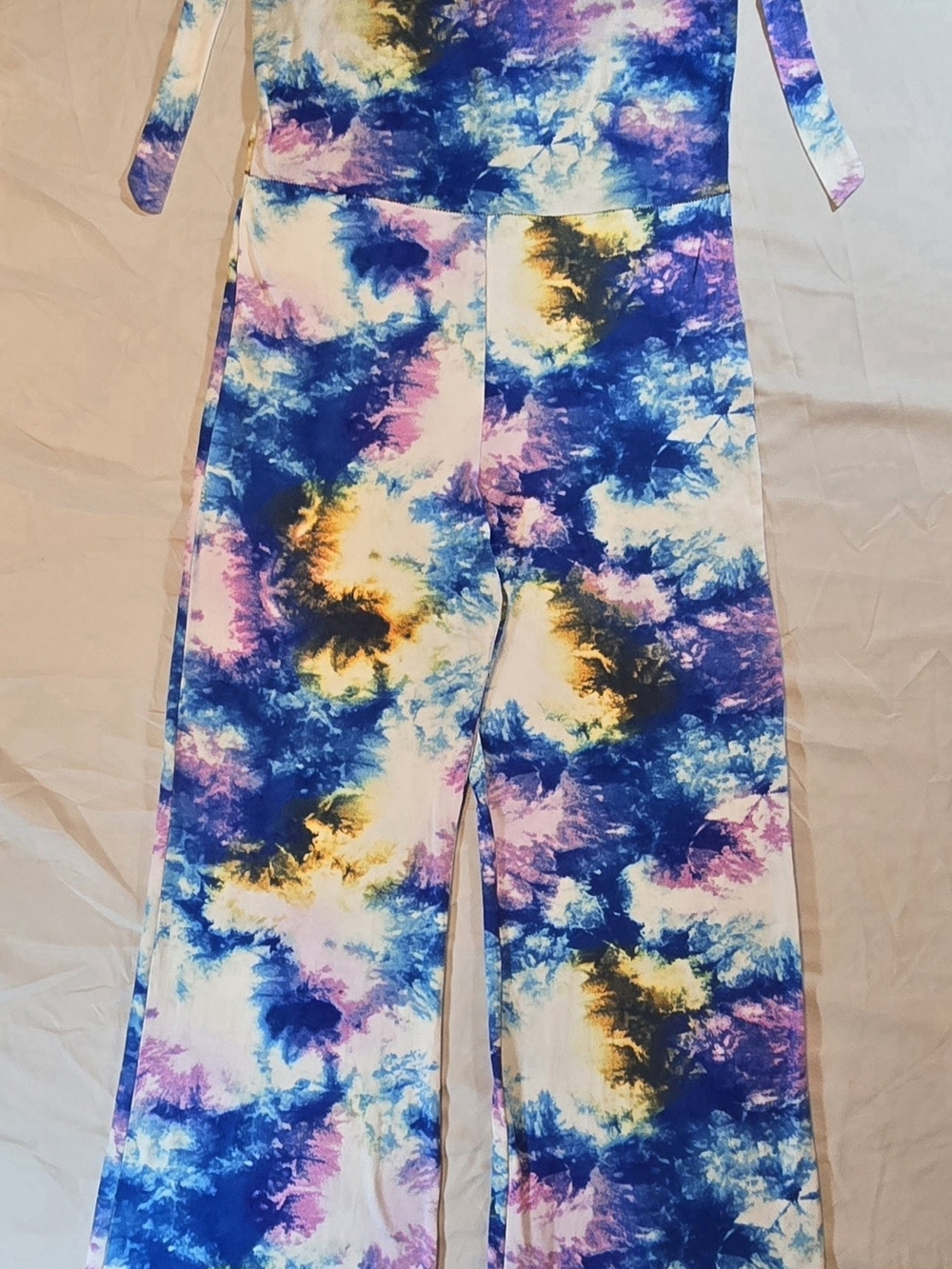 Minette Tie Dye Jumpsuit Womens Size L Blue Pink Purple Keyhole Halter Wide Leg